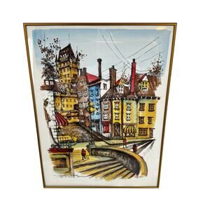 Chateau Frontenac Signed Ink and Watercolor Art Print Canadian Street Scene RARE